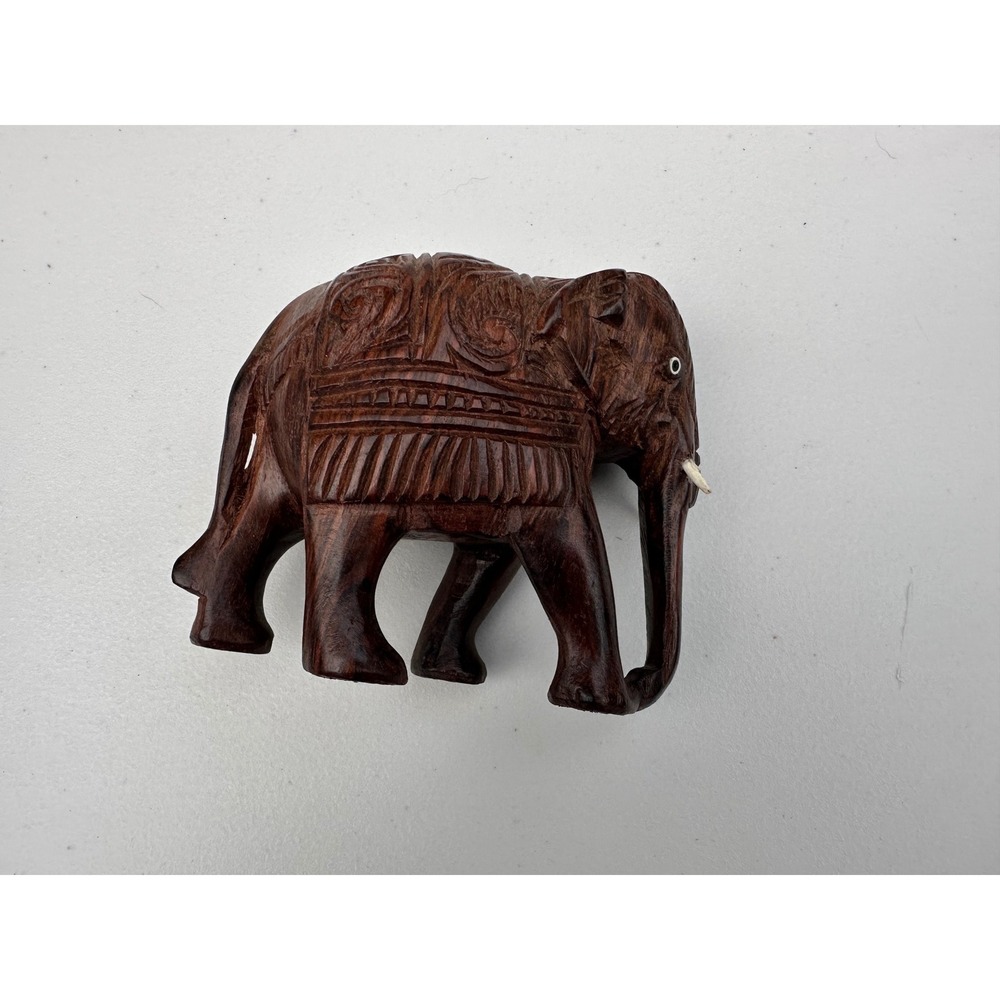 Vintage Hand Carved Wood Elephant Figurine Dark Brown Floral Relief 4.5 inch